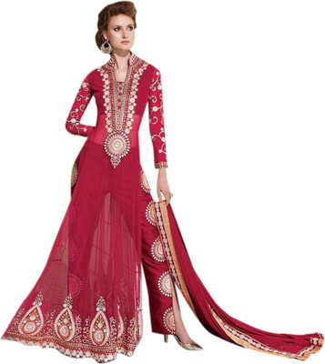 

V And V Shop Net Embroidered Semi-stitched Salwar Suit Dupatta Material, Red