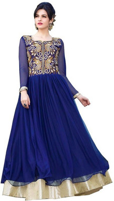 

V And V Shop Net Embroidered Semi-stitched Salwar Suit Material, Dark blue