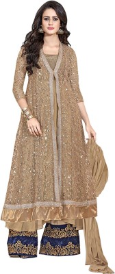 

V And V Shop Georgette Embroidered Semi-stitched Salwar Suit Dupatta Material, Brown