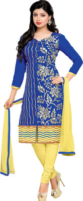 Khushali Chanderi Self Design, Embroidered Salwar Suit Dupatta Material(Un-stitched), Dark blue;yellow