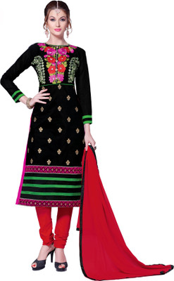 Parishi Fashion Cotton Embroidered Salwar Suit Dupatta Material(Un-stitched), Black