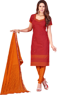 Khushali Cotton Self Design, Embroidered Salwar Suit Dupatta Material(Un-stitched), Orange;red