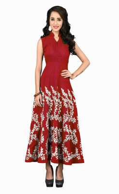 

Vandv Shop Silk Embroidered Kurti Fabric(Un-stitched), Maroon