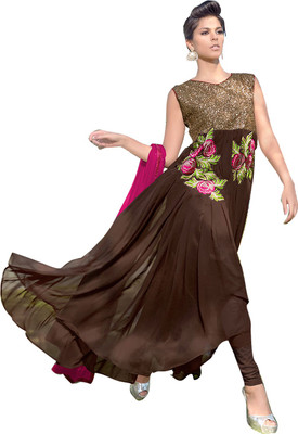 

V And V Shop Georgette Embroidered Semi-stitched Salwar Suit Dupatta Material, Brown
