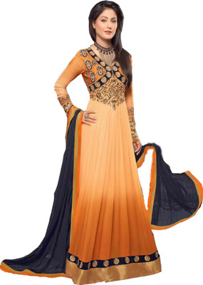 

Vandv Shop Georgette Embroidered Semi-stitched Salwar Suit Dupatta Material, Black;orange