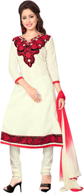 

Khushali Cotton Embroidered Dress/Top Material(Un-stitched), Light cream;red