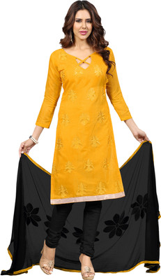Khushali Chanderi Self Design, Embroidered Salwar Suit Dupatta Material(Un-stitched), Black;yellow
