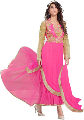 

V And V Shop Georgette Embroidered Semi-stitched Salwar Suit Dupatta Material, Pink