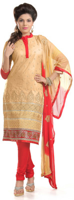 

Khushali Cotton Self Design, Embroidered, Embellished Salwar Suit Dupatta Material(Un-stitched), Beige;red