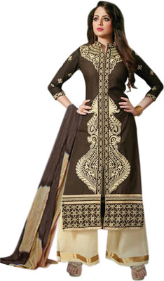 

V And V Shop Cotton Embroidered Semi-stitched Salwar Suit Material, Brown
