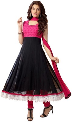 

Shreeji Fashion Georgette Embroidered Semi-stitched Salwar Suit Dupatta Material, Black;pink