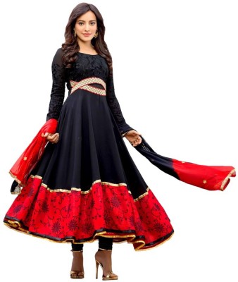 

Vbuyz Georgette Embroidered Semi-stitched Salwar Suit Dupatta Material, Black and red