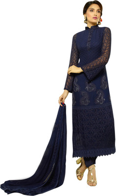 

V And V Shop Chiffon Embroidered Salwar Suit Dupatta Material(Un-stitched), Navy blue