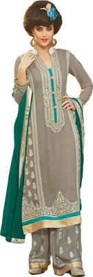 

GoAavaran Georgette Embroidered Semi-stitched Salwar Suit Dupatta Material, Grey green dark green