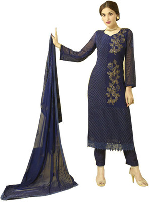 

V And V Shop Chiffon Embroidered Salwar Suit Material(Un-stitched), Dark blue