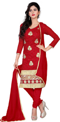 

Khushali Chanderi Self Design, Embroidered Salwar Suit Dupatta Material(Un-stitched), Red