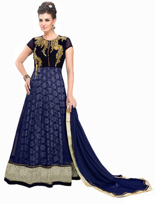 

Khushali Velvet Self Design, Embroidered, Embellished Salwar Suit Dupatta Material(Un-stitched), Black;blue