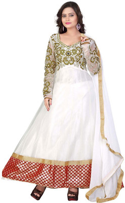 

Party Wear Dresses Georgette Embroidered Semi-stitched Salwar Suit Dupatta Material, White