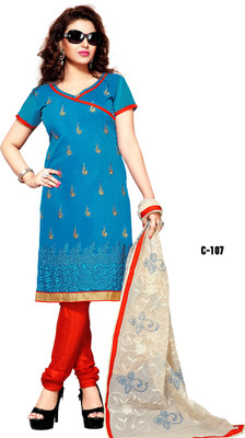 

BanoRani Chanderi Embroidered Semi-stitched Salwar Suit Dupatta Material, Blue