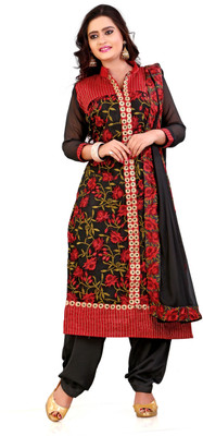 Parishi Fashion Satin Embroidered Semi-stitched Salwar Suit Dupatta Material, Black