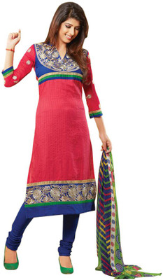

GoAavaran Cotton Embroidered Semi-stitched Salwar Suit Dupatta Material, Pink blue