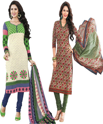 

Javuli Cotton Printed Salwar Suit Dupatta Material(Un-stitched), Beige;green