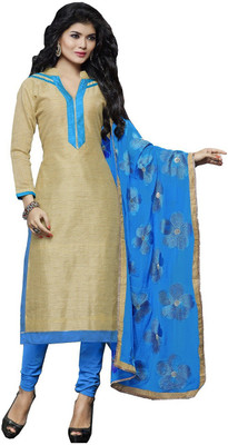 

Navya Chanderi Embroidered Salwar Suit Dupatta Material(Un-stitched), Beige;blue