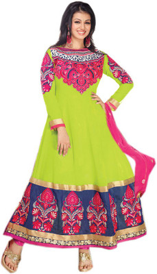 V And V Shop Georgette Embroidered Semi-stitched Salwar Suit Dupatta Material, Green;pink