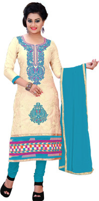 

Khushali Cotton Self Design, Embroidered, Embellished Salwar Suit Dupatta Material(Un-stitched), Beige;light blue