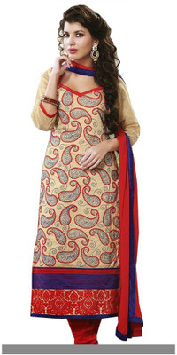 

GoAavaran Cotton Silk Blend Embroidered Salwar Suit Dupatta Material(Un-stitched), Beige red blue