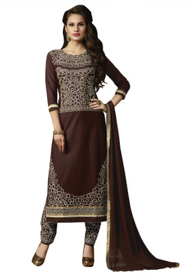 

BanoRani Cotton Embroidered Semi-stitched Salwar Suit Dupatta Material, Brown