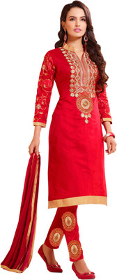 

Khushali Chanderi Self Design, Embroidered Salwar Suit Dupatta Material(Un-stitched), Red