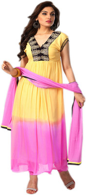 

V & V Shop Georgette Self Design Semi-stitched Salwar Suit Dupatta Material, Yellowl:pink