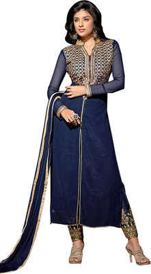 

V And V Shop Net Embroidered Semi-stitched Salwar Suit Dupatta Material, Blue