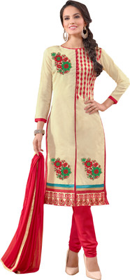 

Khushali Chanderi Self Design, Embroidered Salwar Suit Dupatta Material(Un-stitched), Beige;red