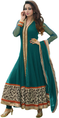 

V And V Shop Net Embroidered Semi-stitched Salwar Suit Dupatta Material, Green;orange