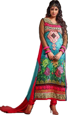

Tulip Collections Georgette Embroidered, Floral Print Semi-stitched Salwar Suit Dupatta Material, Seablue