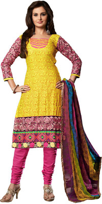 

Indian Wear Online Cotton Embroidered Semi-stitched Salwar Suit Dupatta Material, Yellow
