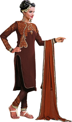 

V And V Shop Georgette Embroidered Semi-stitched Salwar Suit Dupatta Material, Brown;cream