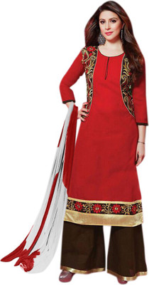 

V And V Shop Cotton Embroidered Semi-stitched Salwar Suit Material, Red