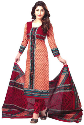 Javuli Cotton Printed Dress/Top Material(Un-stitched), Red