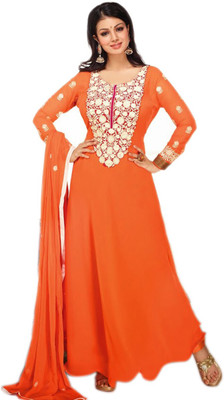 

V And V Shop Georgette Embroidered Semi-stitched Salwar Suit Dupatta Material, Orange