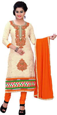 

Khushali Cotton Self Design, Embroidered, Embellished Salwar Suit Dupatta Material(Un-stitched), Beige;orange