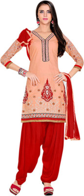 

V And V Shop Cotton Embroidered Semi-stitched Salwar Suit Dupatta Material, Lightpink;red