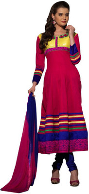 

GoAavaran Cotton Embroidered Semi-stitched Salwar Suit Dupatta Material, Red pink blue