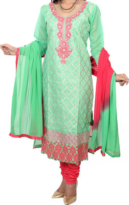 

Zuha Collection Silk Embroidered Salwar Suit Dupatta Material(Un-stitched), Green;pink