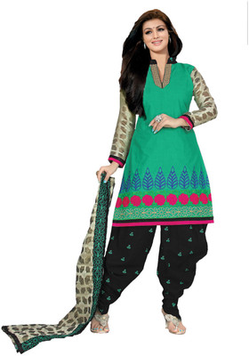 

Party Wear Dresses Cotton Embroidered Semi-stitched Salwar Suit Dupatta Material, Green