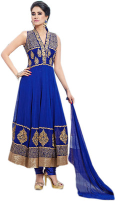 

Vandv Shop Georgette Embroidered Semi-stitched Salwar Suit Dupatta Material, Blue