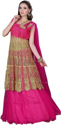

Khushali Net Self Design, Embroidered, Embellished Semi-stitched Lehenga Choli Material, Beige;pink