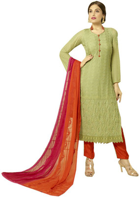 

V And V Shop Chiffon Embroidered Salwar Suit Material(Un-stitched), Orange
